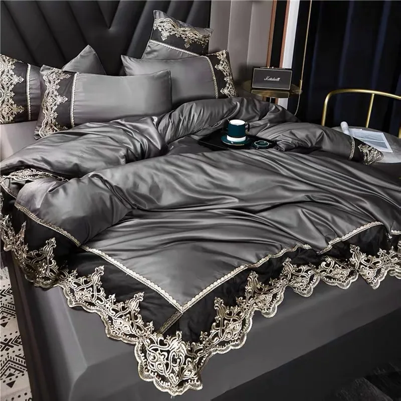 Double Sided Ice Silk Bed Comforter Sets Bedding Luxury Skirt Four Piece Set Summer Naked Sleeping Real Silk Princess Style Bedd