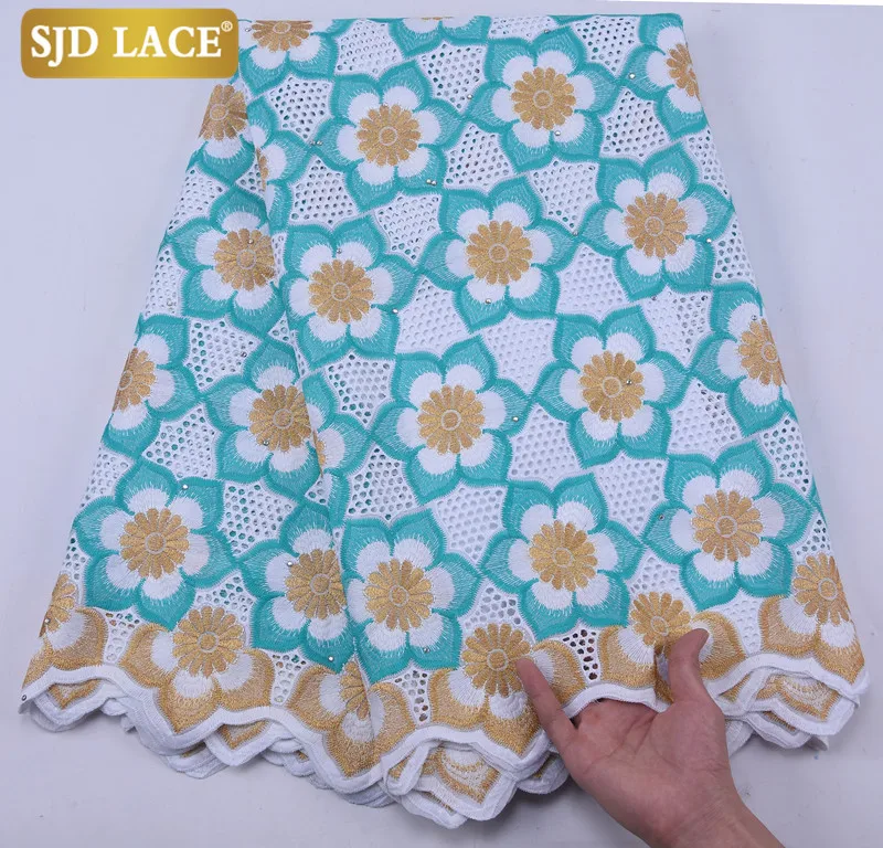 SJD LACE Gold 2024High Quality African Lace Fabric With Stones Swiss Voile Lace In Switzerland Style Punch Cotton Dress A2125