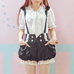 Black/pink Kawaii Overalls Spring New Lace Flounces Double Breasted Lantern Suspender Shorts Lolita Sweet Jumpsuits Cute Rompers