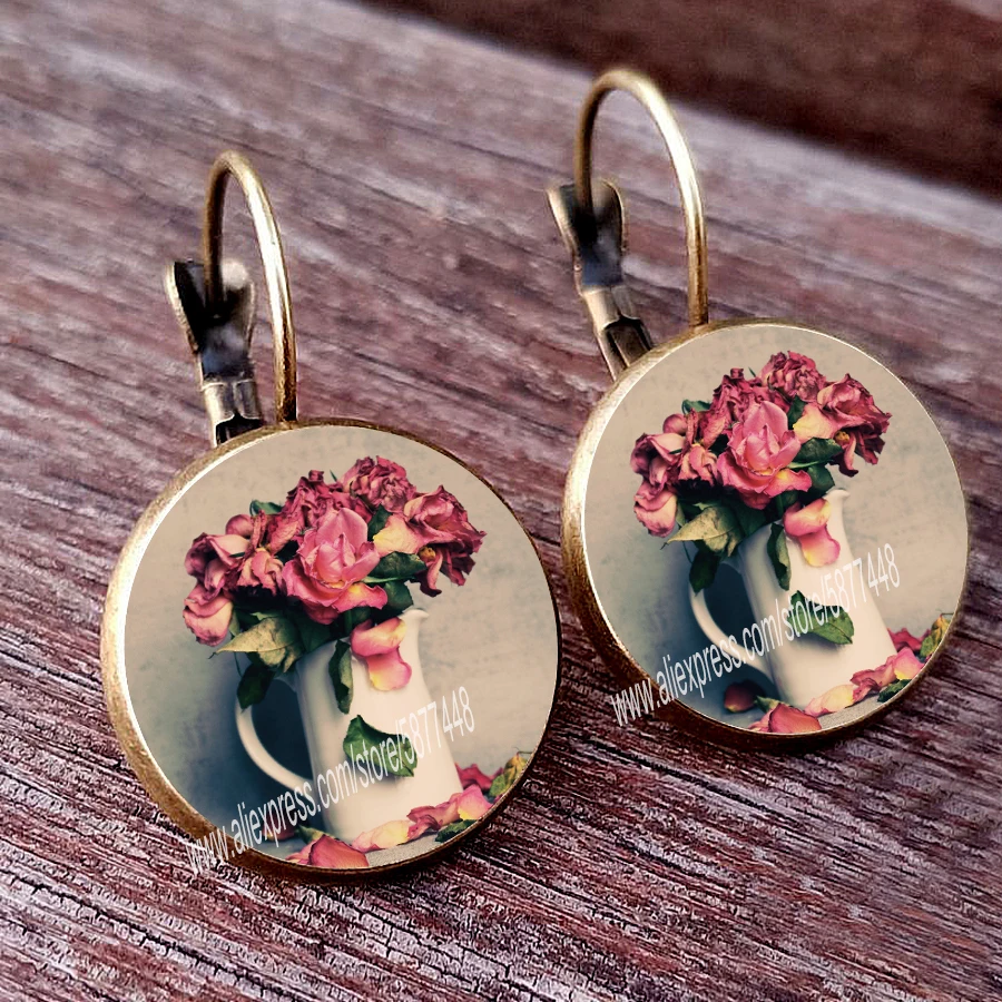 National flower rose carnation peony pomegranate flower cherry cornflower water lily tulip iris ladies glass cabochon earrings