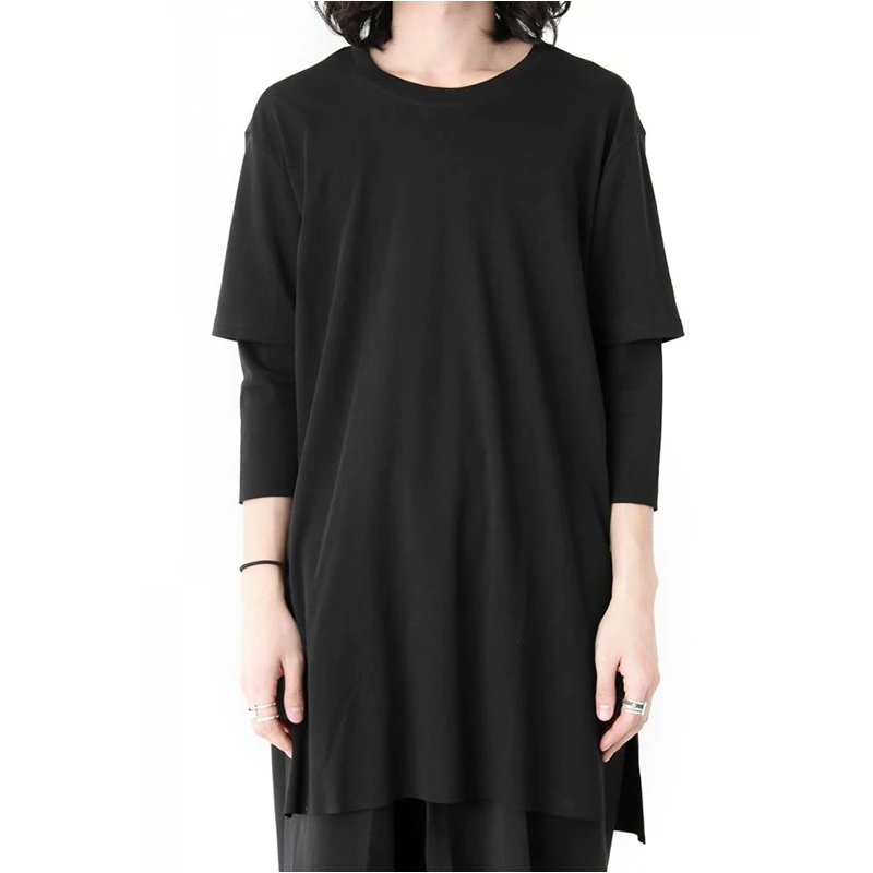 Men's Short Sleeve T-Shirt Summer New Round Collar Dark Loose Long Side Slit Design Youth Fashion Trend Men's Wear