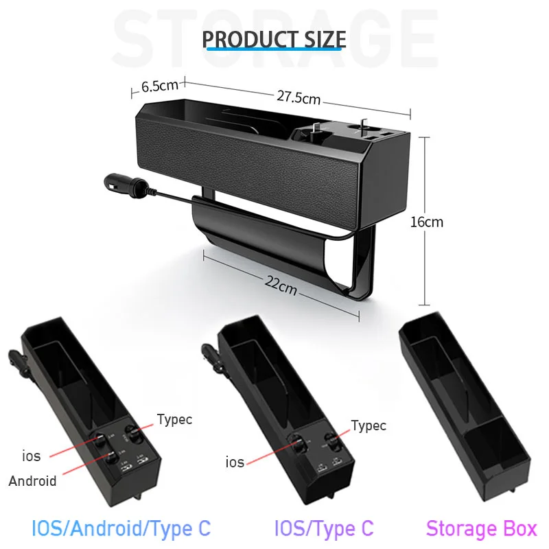 SEAMETAL Car Seat Gap Storage Box with Charge Cable Multifunctional Car Organizer Dual USB Port Phone Charger for iPhone/Android