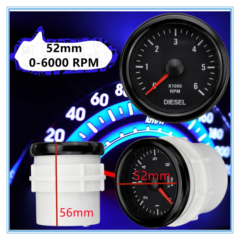 

12 В, 52 мм, 0-6000 об/мин (на приборной панели), белый электрический тахометр для дизельного двигателя, электрический тахометр