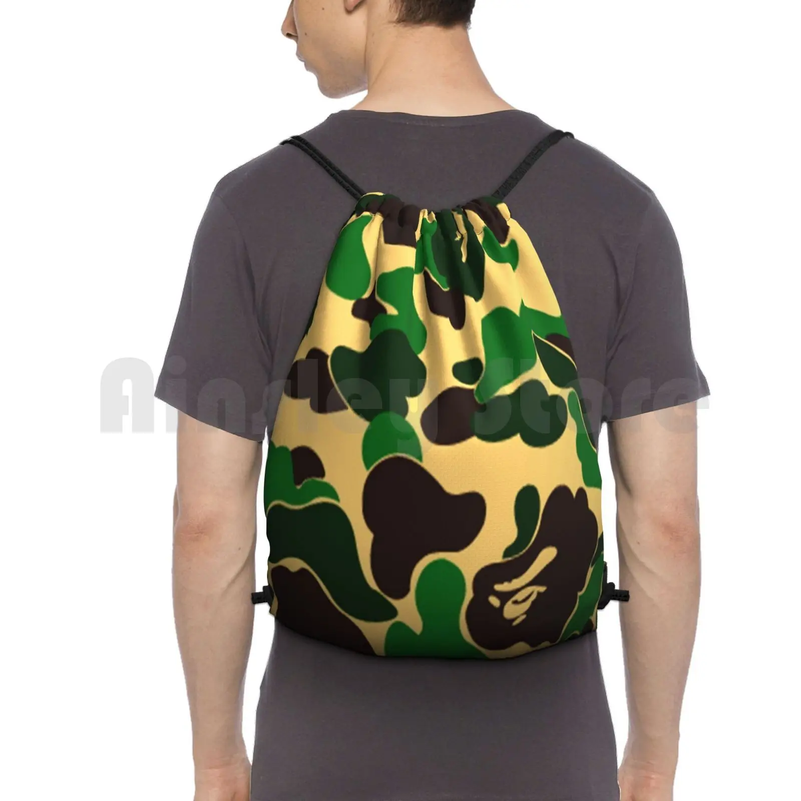 

Army Green Backpack Drawstring Bag Riding Climbing Gym Bag Black Vintage Botanical Animals Plants Monkey Japan Us Tropical