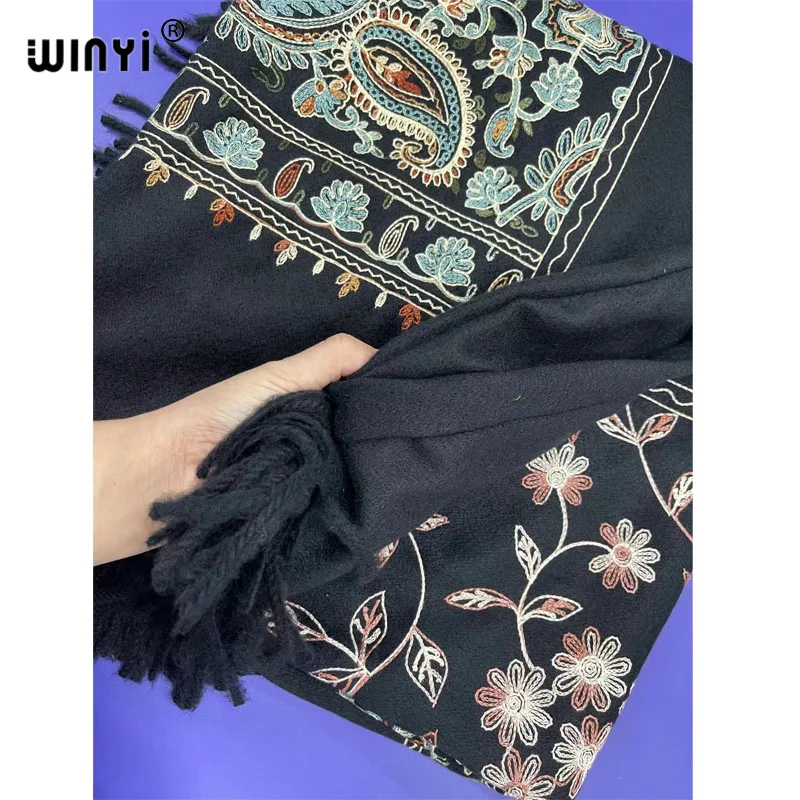 WINYI Winter Frauen quaste Pashmina Stickerei Lange Mantel Lose Revers Mantel Starke Warme freie größe Nahen Osten Weibliche KIMONO