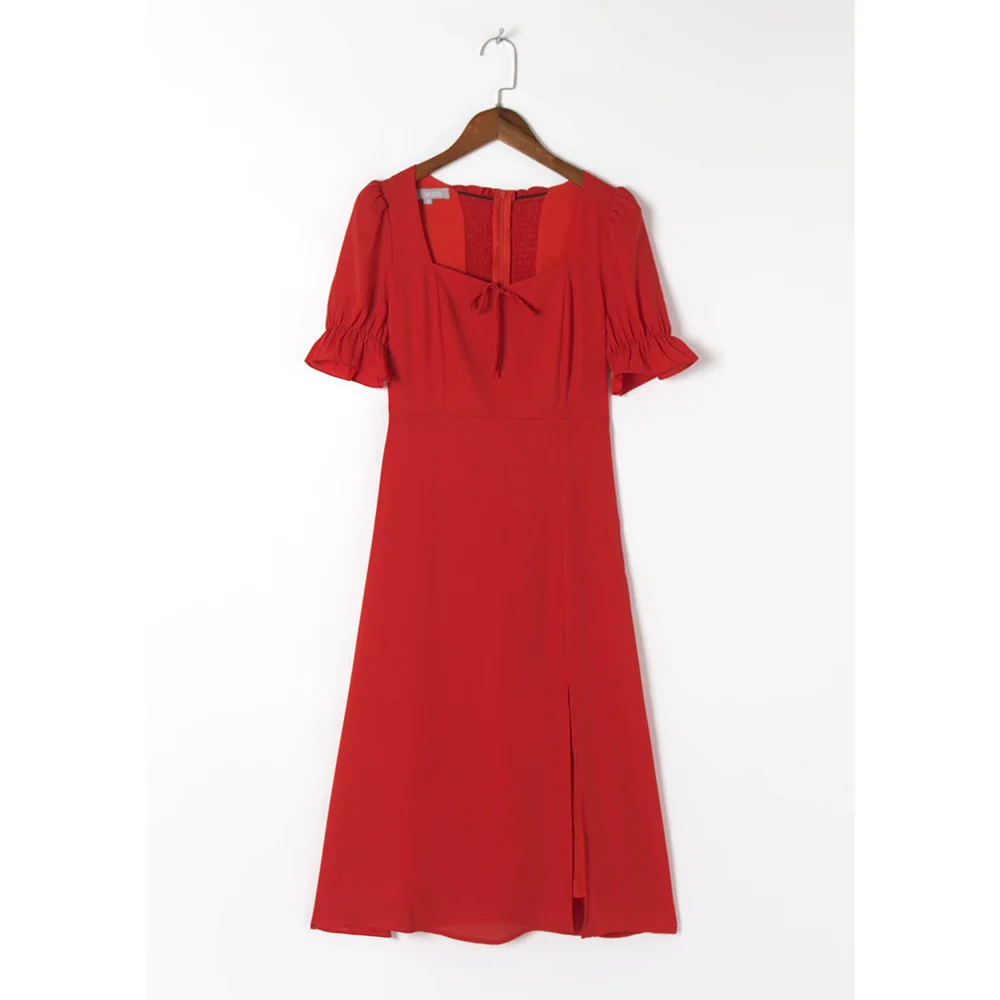 Summer Dresses For Women 2021 Party Elegant Evening Dresses Sweetheart Neck Tie Bow Short Puff Sleeve Sexy Side Slit Midi Dress