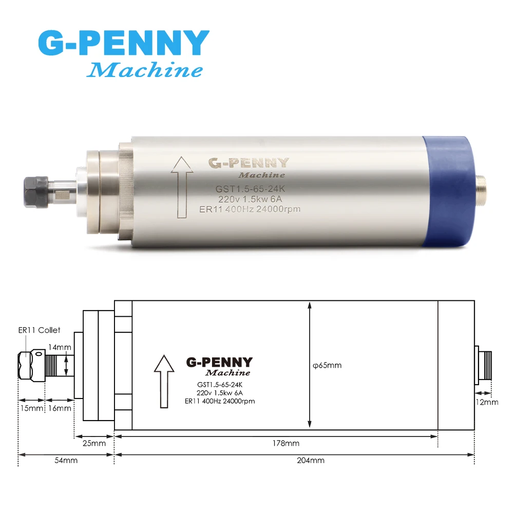 G-PENNY Machine 1.5kw ER11 air cooled spindle 4 pcs bearings 24000rpm wood working spindle motor 65x204mm air cooling 400Hz