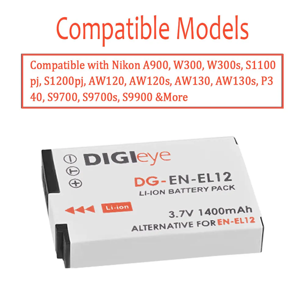 EN-EL12 ENEL12 Battery + Charger Kits for Nikon Coolpix A1000 B600 W300 A900 AW100 AW110 S6300 S8100 S8200 S9300 S9400 P310