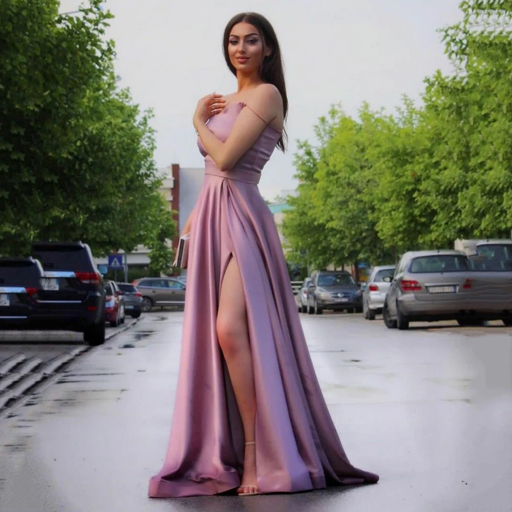 

Elegant Lavender A-Line Satin Prom Dress Spaghetti Straps V-Neck Evening Gowns High Slit Dubai Long Party Dresses Custom Made