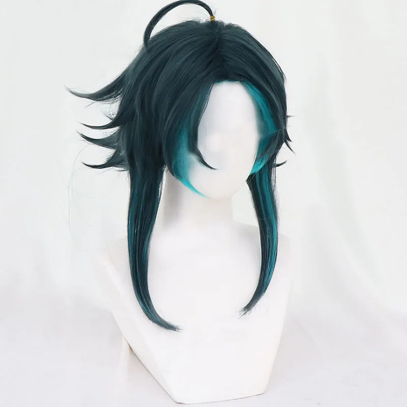 Genshin-Peluca de impacto Xiao para hombre, Cosplay de Anime, sintética, resistente al calor, color verde mezclado, 33cm, para Halloween