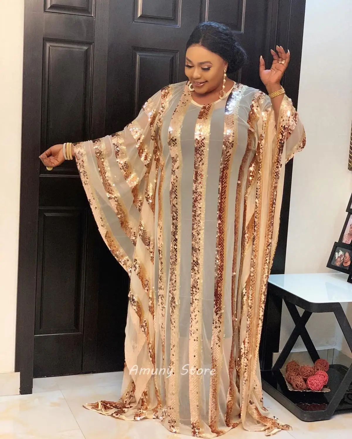 African Woman Dress Colorful Sequins Decoration Polyester Loose Plus Size Long Yarn Dress With Stretch Long Vest Dress