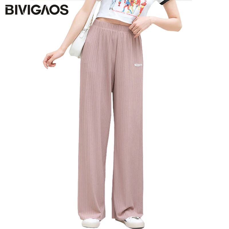 

BIVIGAOS Women High Waist Lazy Pants Loose Wide Leg Pants Letter Embroidery Folds Drape Casual Long Pants Lungewear Trousers