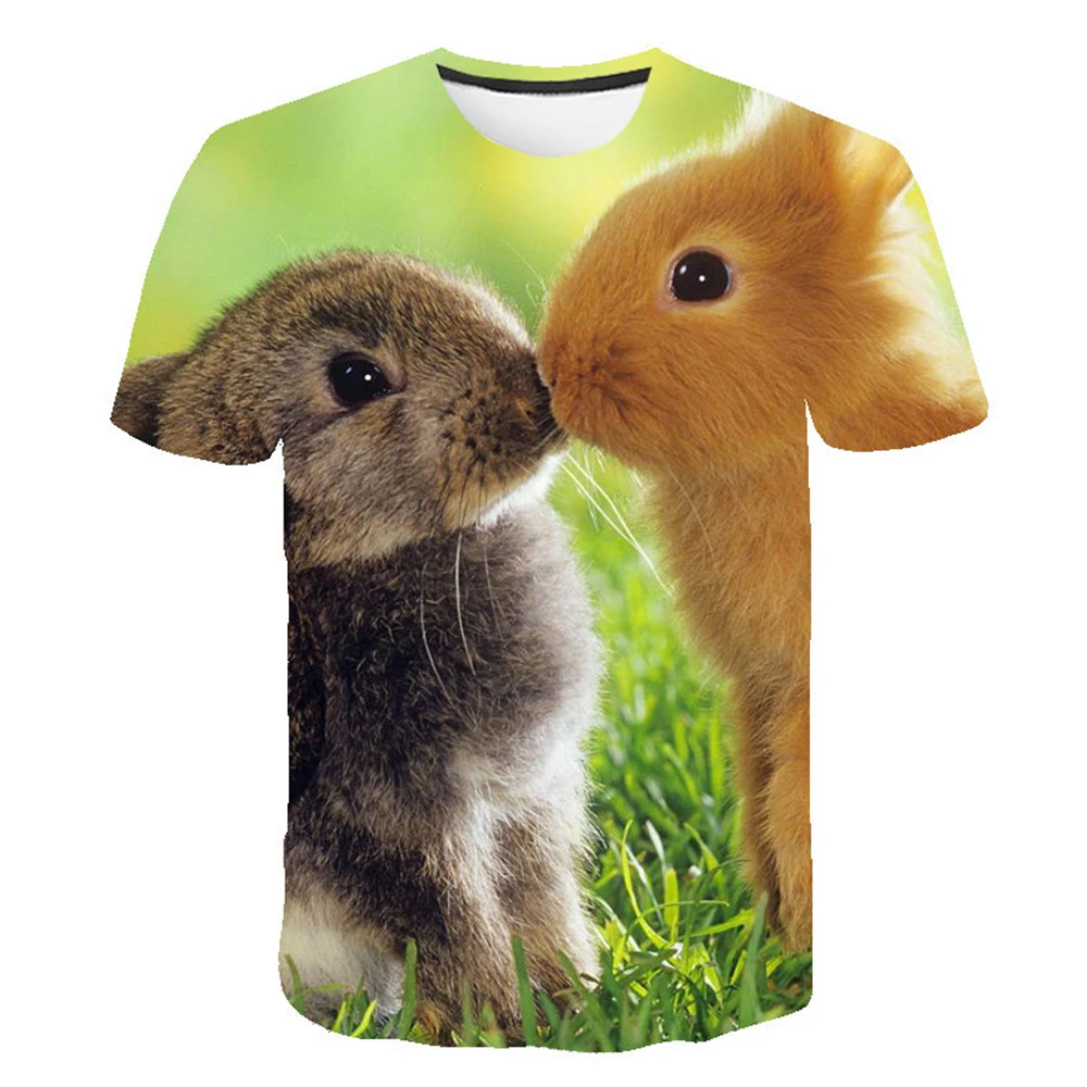 3D Animal Rabbit Men\'s T-shirt in Summer Fun and Cute Couple Family Round Neck Essential Shirt