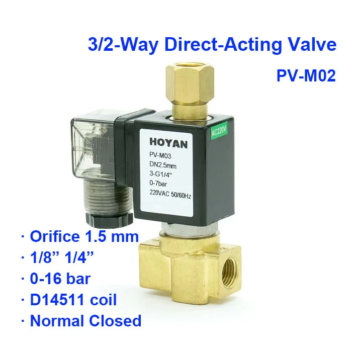 

3/2 Way Normal Close Pneumatic Water Solenoid Valve PV-M02 Orifice 1.5mm 0-16bar BSP Port G1/4" G1/8