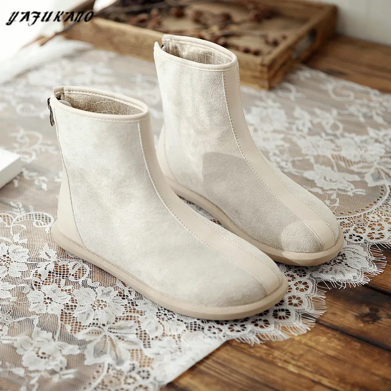 Japanese Retro Women Boots Autumn Winter Short Boots Handmade Comfortable Zipper Simple Literature Ankle Boots Casual Flat Boots