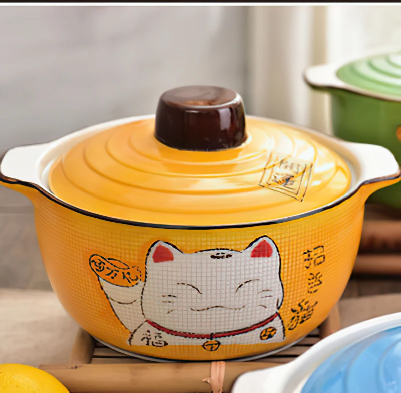 Ceramic Casserole Japanese Cartoon Lucky Cat Green Blue Round 9 Inch Soup Bowl with Lid Household Kitchen Supplies Tableware