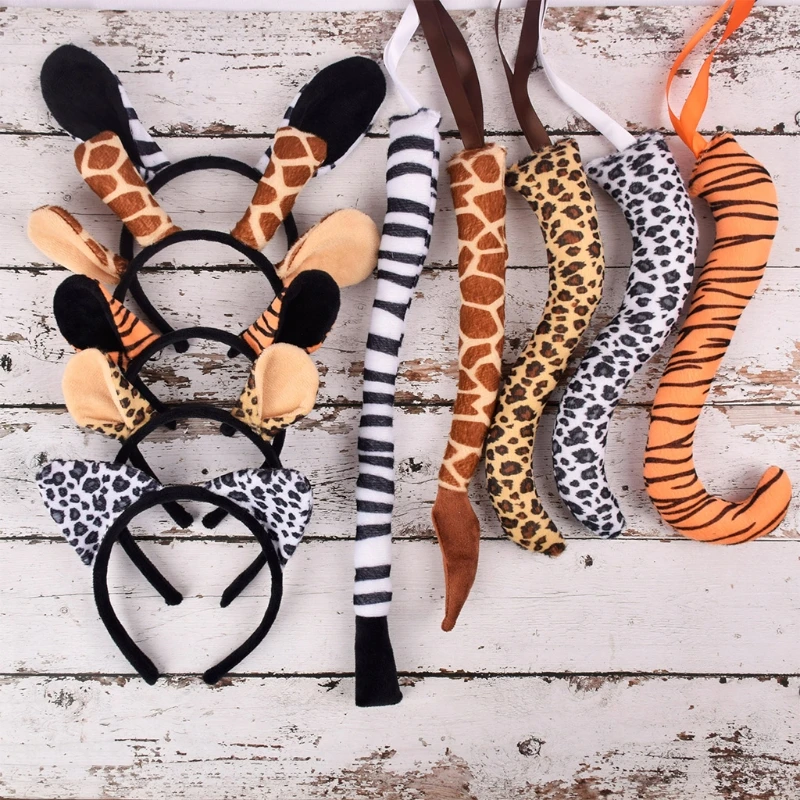 Halloween Animal Costume Tiger Giraffe Monkey Ears Hair Hoop Tail Set Cartoon Party Headdress Cosplay Party Fancy Dress