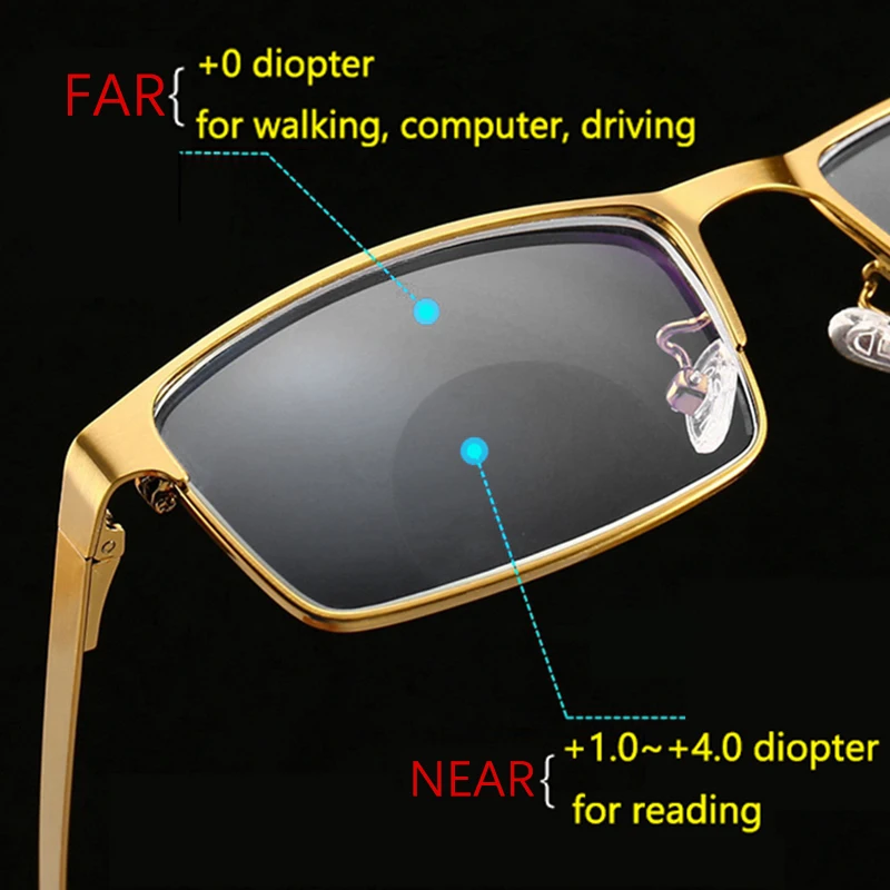 Bifocal Reading Glasses for Men Metal Full Frame Presbyopic Glasse Farsightedness Anti Blue Light Photochromic Uv Protection