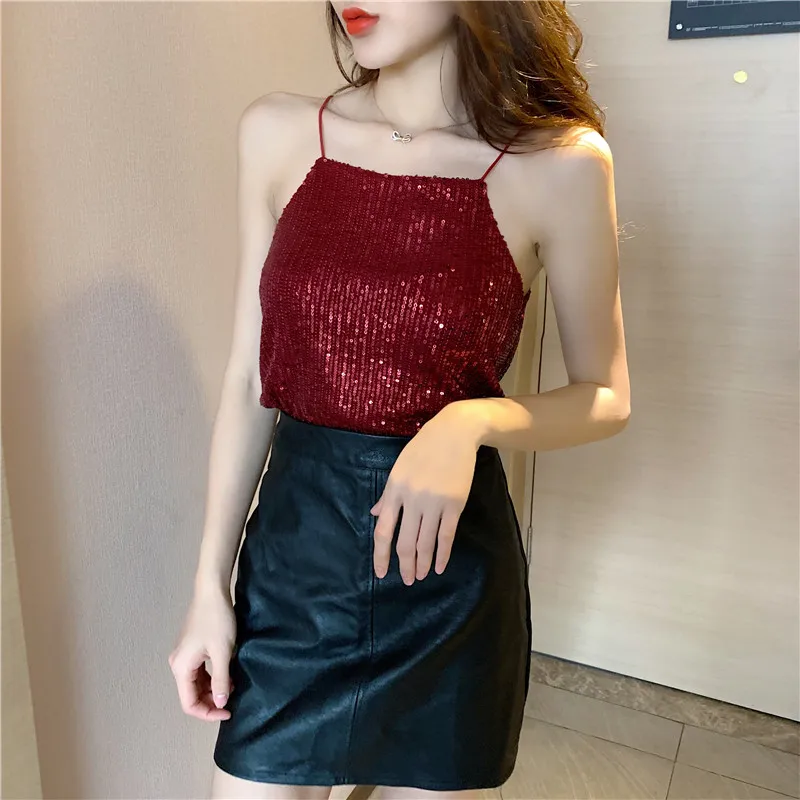 Camisoles Women New Chic Silvery Sequined Sexy V-Neck Off Shoulder Femme Crop Top Vintage Korean Loose Street Party Womens Tops