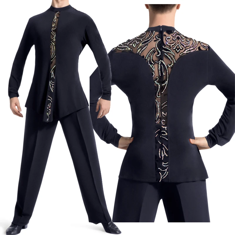 Lace Mesh Latin Dance Tops Men Rhinestone Flower Long Sleeves Shirts Sexy Costume Samba Rumba Cha Cha Competition Wear DNV13907