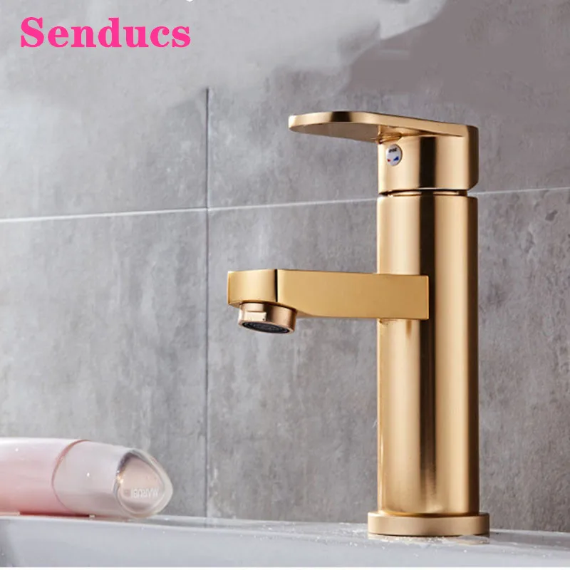 

Bathroom Faucets Senducs Quality Space Aluminum Basin Sink Mixer Tap Gold Aluminum Bathroom Tap Single Handle Hot Cold Water Tap