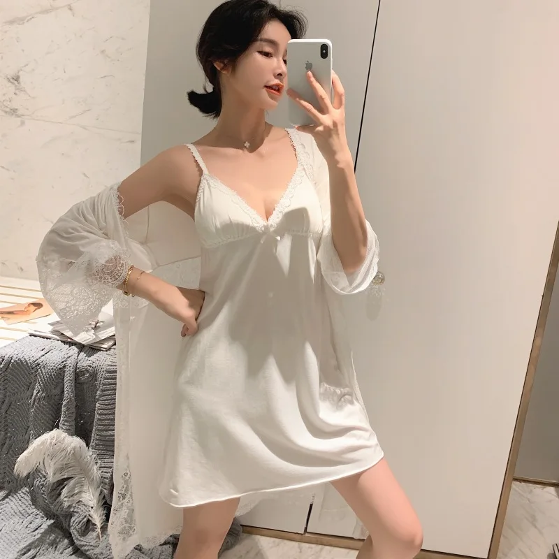 Autumn New Style Suspends Night Dress Female Court Wind Lace Sex Appeal Beautiful Goddess Robe Two Pieces Modale Sleepwear