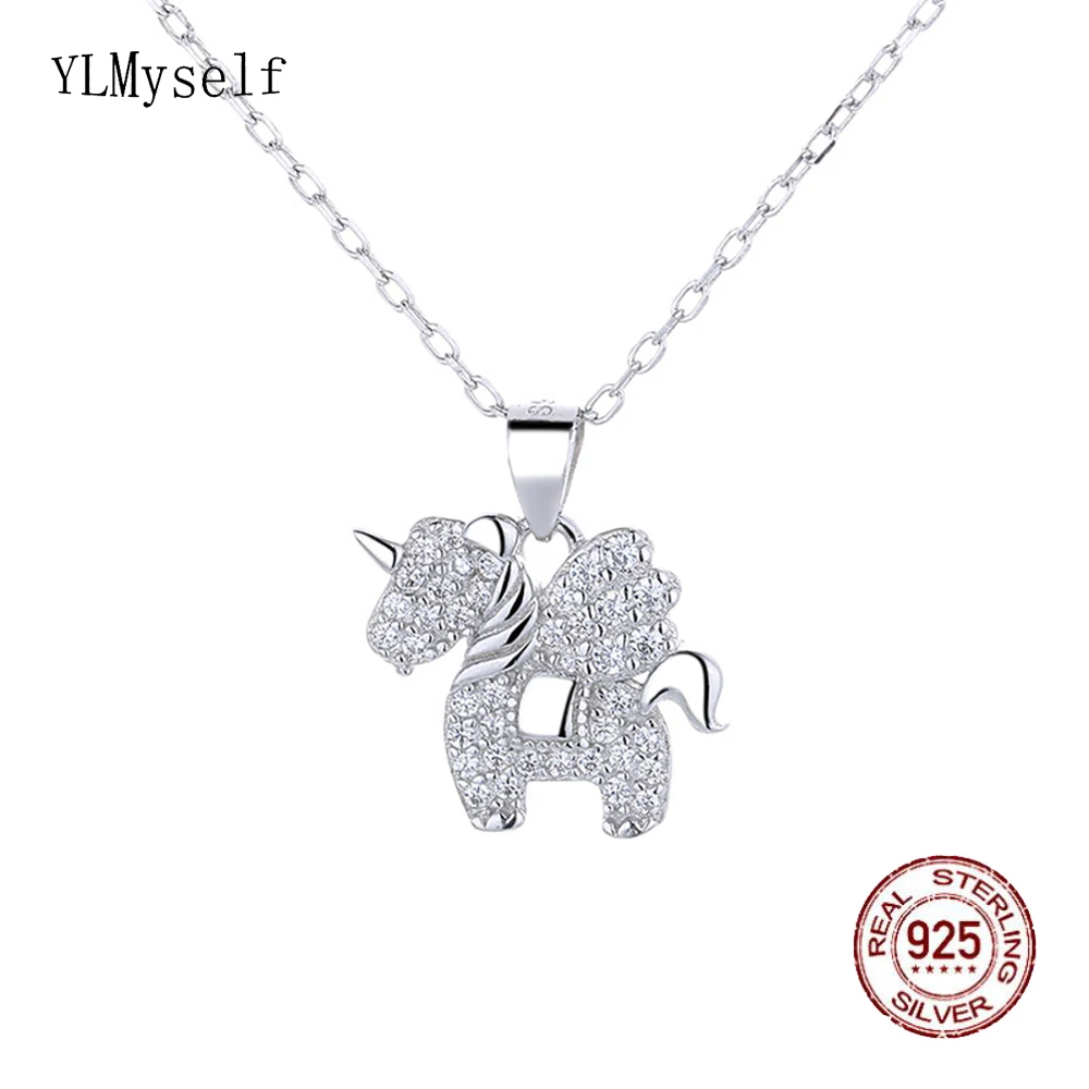 

Real 925 Silver Metal Cute Animal Pendant Shiny Zircon Unicorn Necklace Gold/White Color Lovely Fine Jewelry For Girl