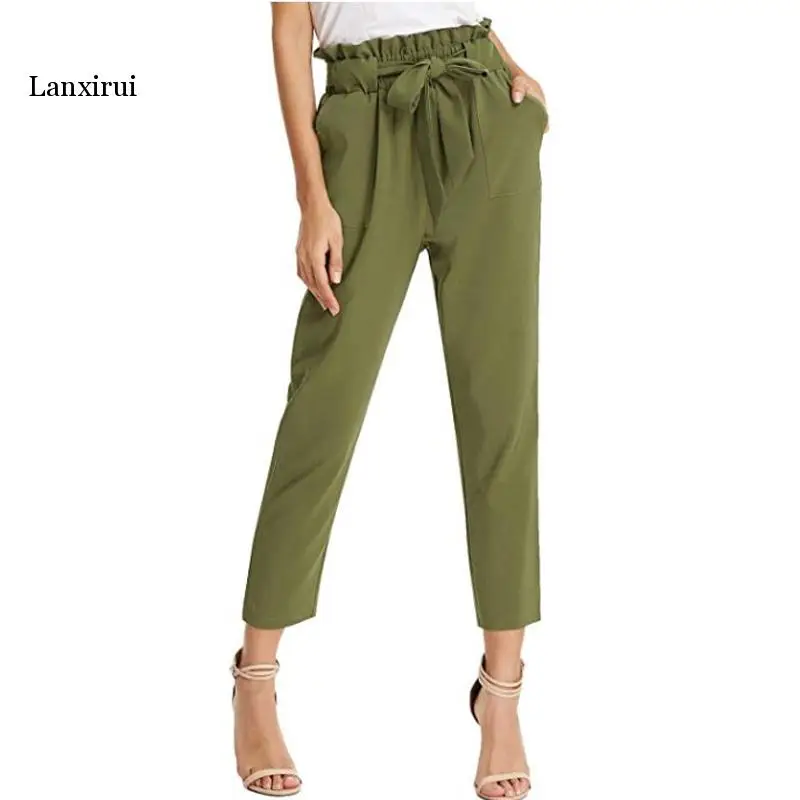 

Hight Waist Women Cropped Pants Paper Bag Waist Vintage Fashion Pants With Pockets Solid Trousers Ladies Work