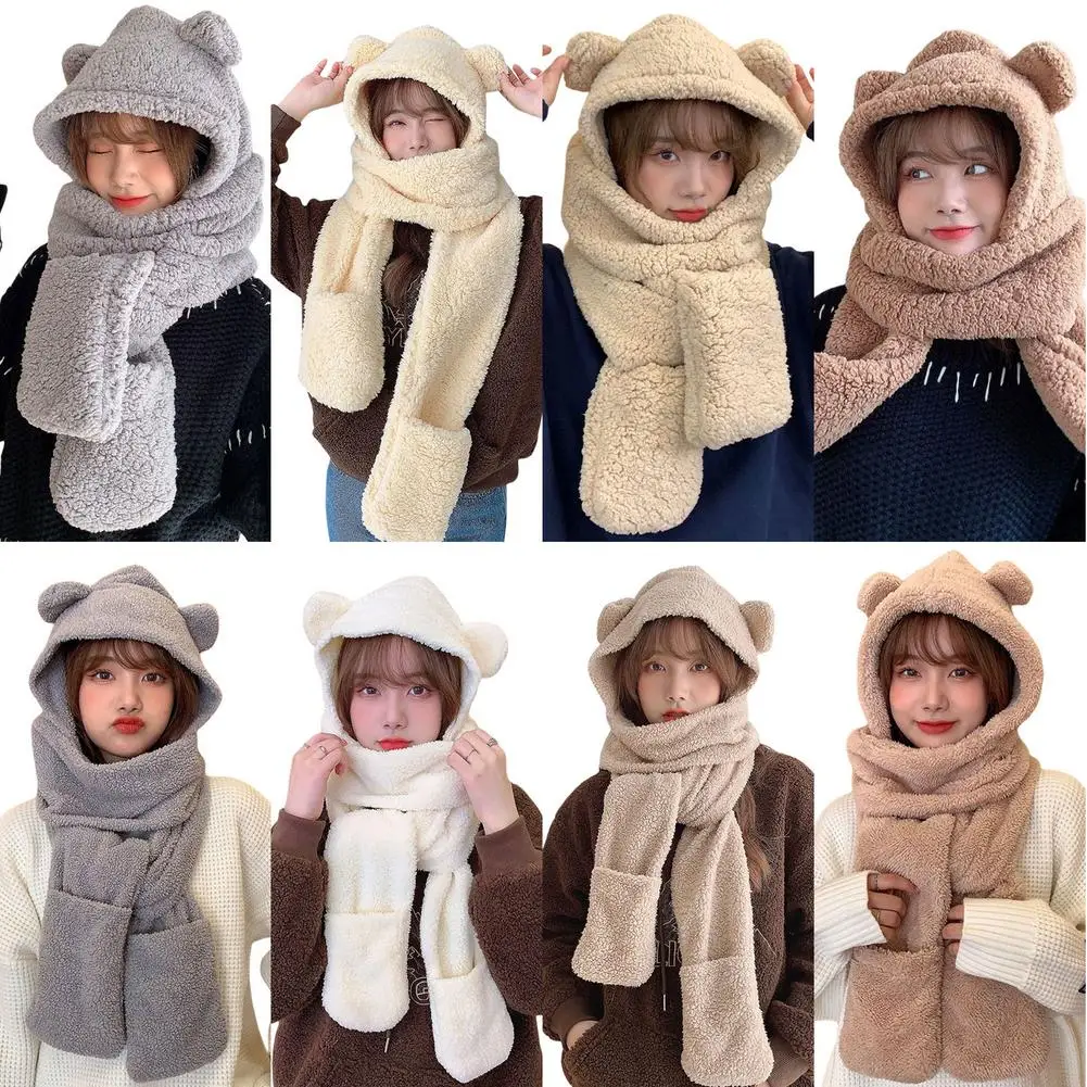 3 In 1 Women Fluffy Plush Warm Cat Ears Hooded Scarf Earflap Hat Gloves Mittens Cartoon Animal Hoods