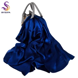 BYSIFA | Sciarpa di seta 100% blu scuro scialle autunno inverno sciarpe lunghe hijab 180*70cm primavera autunno marca sciarpa di seta naturale di lusso