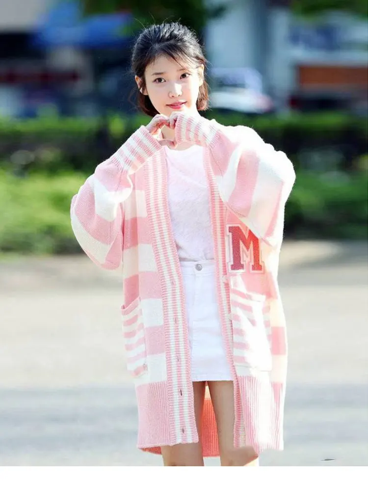 Kpop Iu Lee Ji Eun Cùng Hồng Dài Áo Len Áo Khoác Nữ Dệt Kim Áo Len Cardigan Nữ Thu Đông Hàn Quốc Ấm Rời cổ Chữ V Áo Len