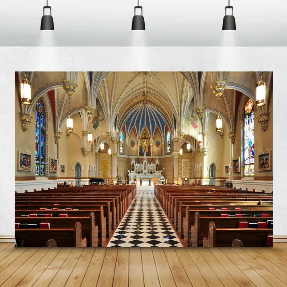 Vintage Gorgeous Holy Temple Chairs Stage Fresco Chic Arch Pillar Jesus Cross Photography Backgrounds Photo Backdrops Photocall