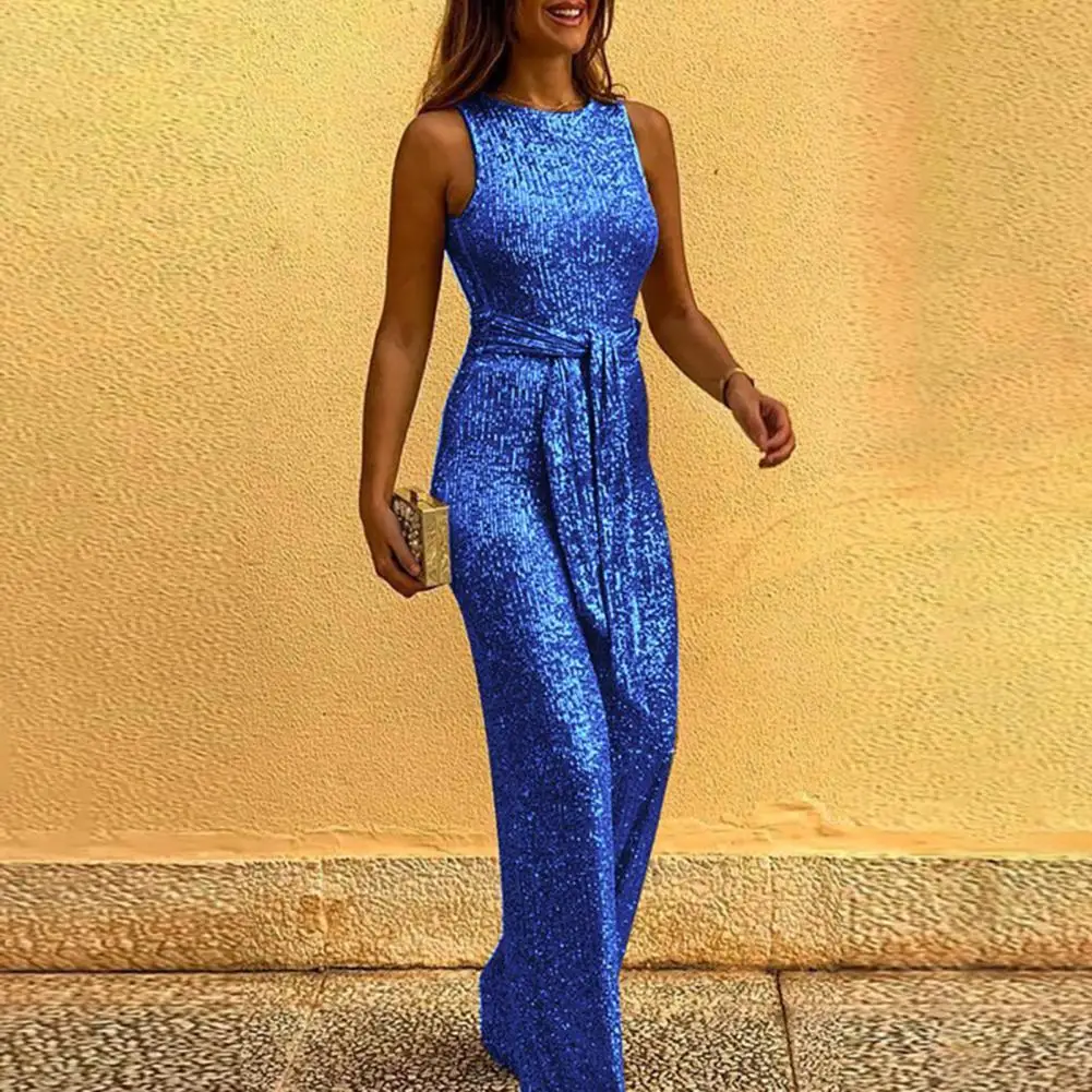 

Women Sequin Lace-up Wide Leg Jumpsuit Elegant Backless Round Neck Sleeveless Romper Long Pants Office Lady Casual Clothing 2021