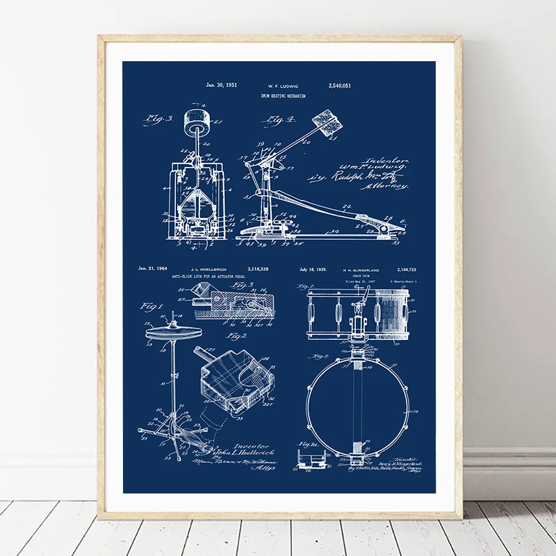 Drum Patent Canvas Poster Musician Gifts Drum Beating Cymbal Art Blueprint Prints Music Decoration Painting Boys Room Wall Decor