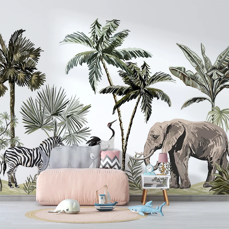 

Custom 3D Jungle Mural Wallpaper Elephant Zebra Animals for Children Room 3d Leaf Wall paper Cartoon Living room Home Decor