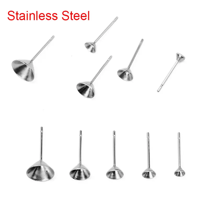 30pcs Hypoallergenic Stainless Steel Stud Earring Base Settings Findings Fit 3 4 5 6 8mm Cubic Zircon Stones Diy Jewelry Making