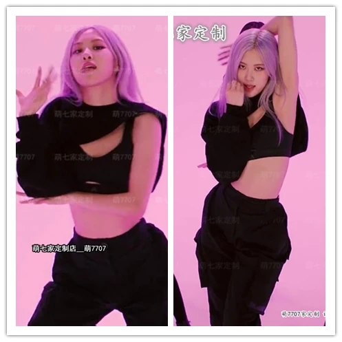 KPOP Korean Singer ROSE dance show sexy black long sleeve tshirt Sling Vest Tops+High waist casual pocket pants women outfits