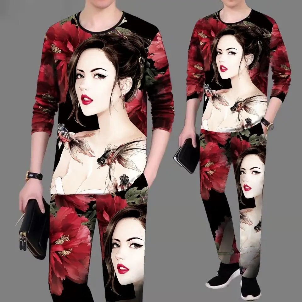 

New men's sportswear suit lipstick beauty pattern long-sleeved casual slim T-shirt trousers 2-piece 3D printed clothes