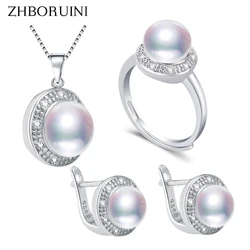 ZHBORUIN 2024 Fashion Pearl Jewelry Set 100% Real Natural Pearl Necklace Earrings Ring 925 Sterling Silver Jewelry Set For Women