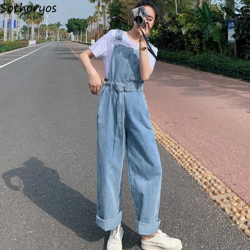 

Women Denim Jumpsuits Solid Vintage Temperament Wide Leg Casual Overalls Lace-up High Waist Elegant All-match Kawaii Students