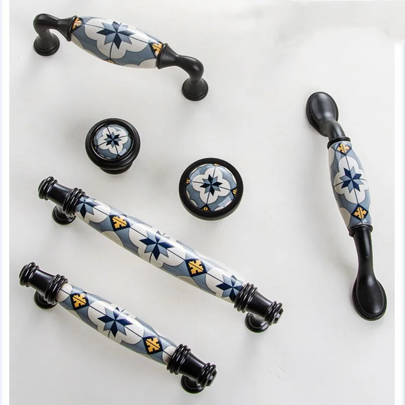 Blue Flower /Ceramic Door Handles and Knobs Nordic Furniture Handles Drawer Pulls Kitchen Cabinet Knobs and Handles With Screw