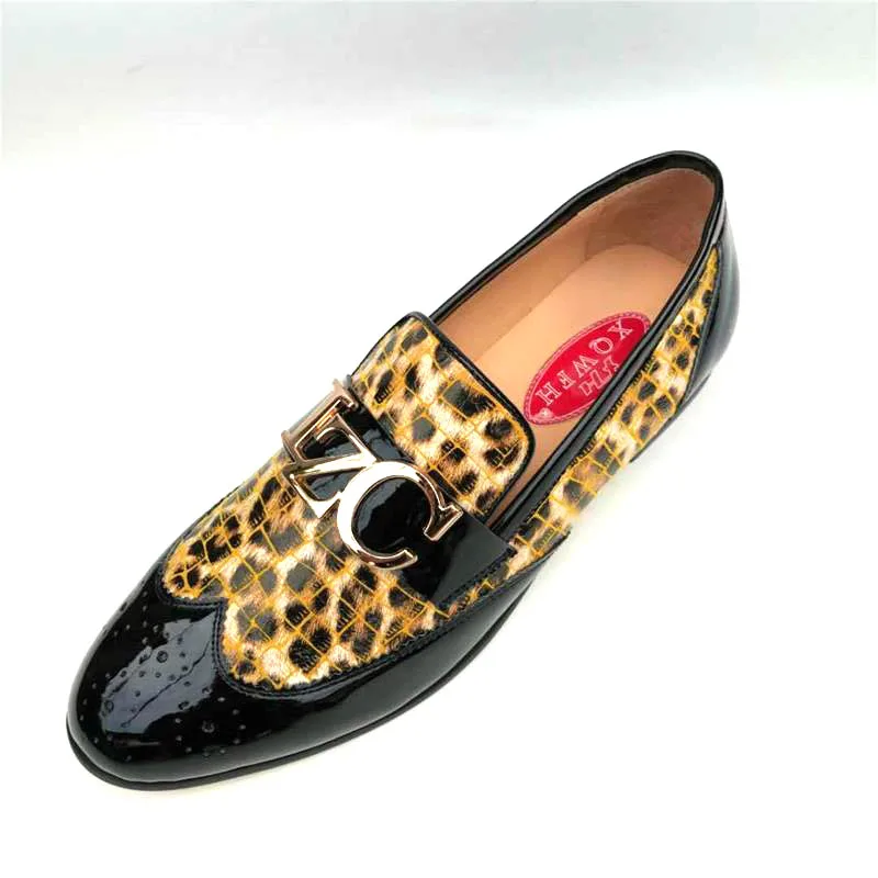 XQWFH Men Leopard Loafers Genuine Leather Moccasins Brogue Shoes Party and Wedding Business Driving Flats Slip On Dress Shoes