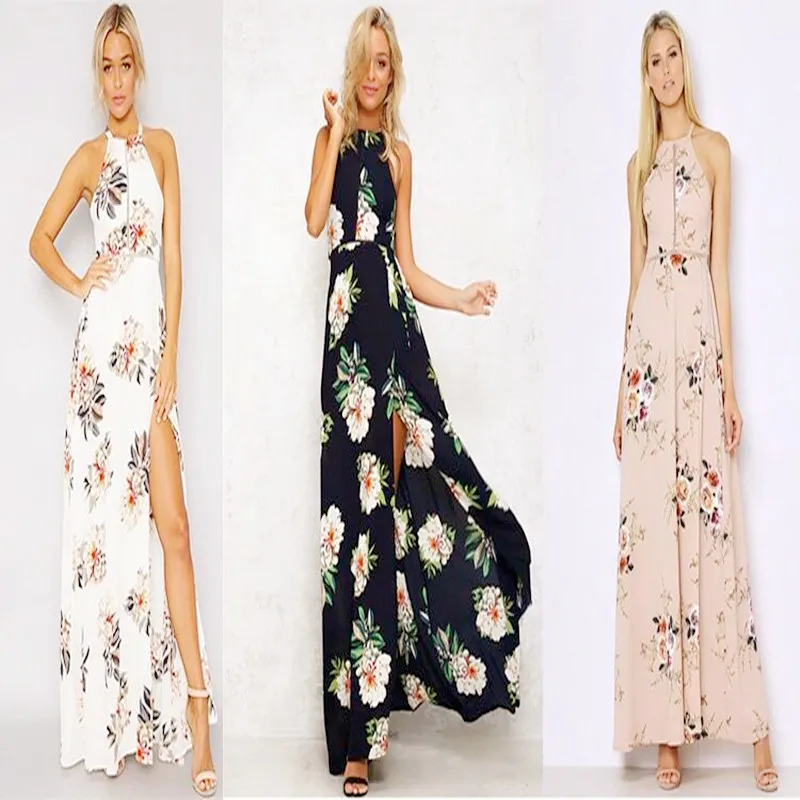 New Floral Print Halter Chiffon Long Dress Women Open-back Summer Maxi Dresses Vestidos Sexy 3 Colors Femme Split Beach Gowns