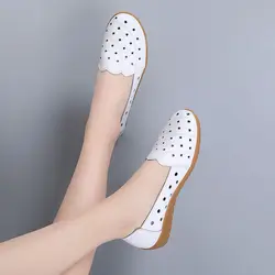 Fashion White Leather Casual Shoes For Women Summer Flats Cut Outs Breathable Loafers Ladies Ballet Shoes Moccasins Female Shoe