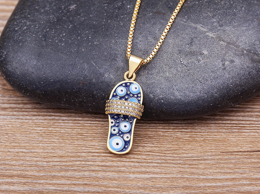 Nidin Mirco Pave CZ Rhinestone Enamel Slipper Pendant For Women Blue Evil Eye Necklace Chain Gold Plated Party Summer Jewelry