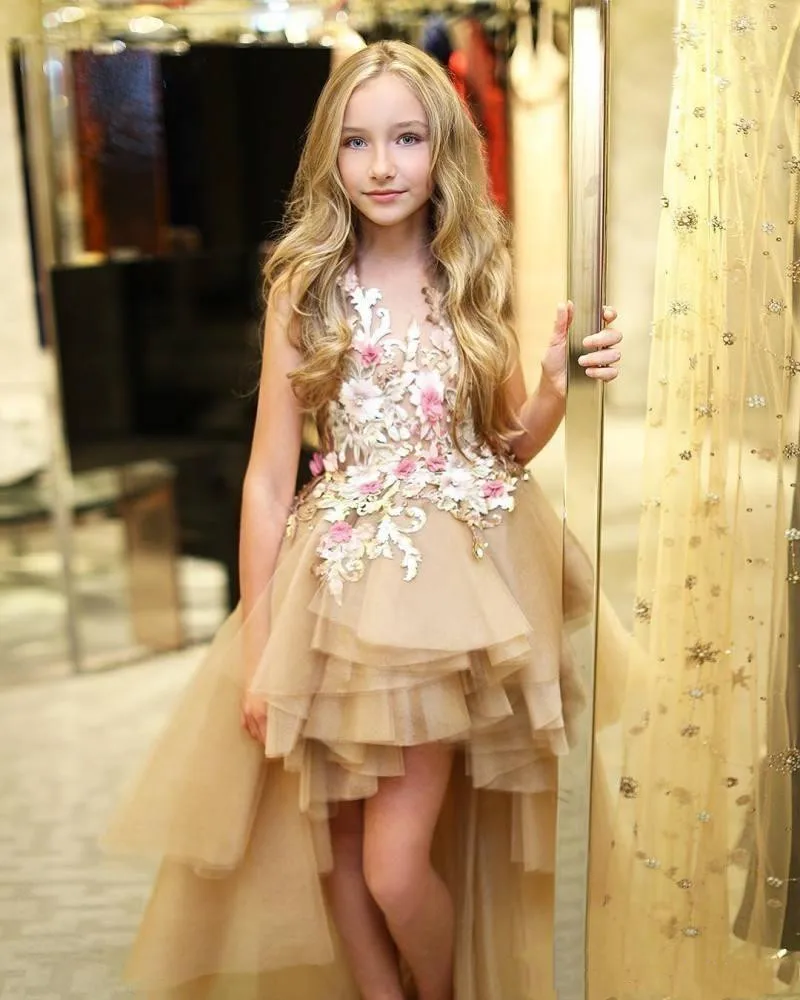 

New High Low Tiered Flower Girl Dresses for Wedding Little Girls Pageant Dress For Teens 3D Flower Appliqued Tulle Birthday kids