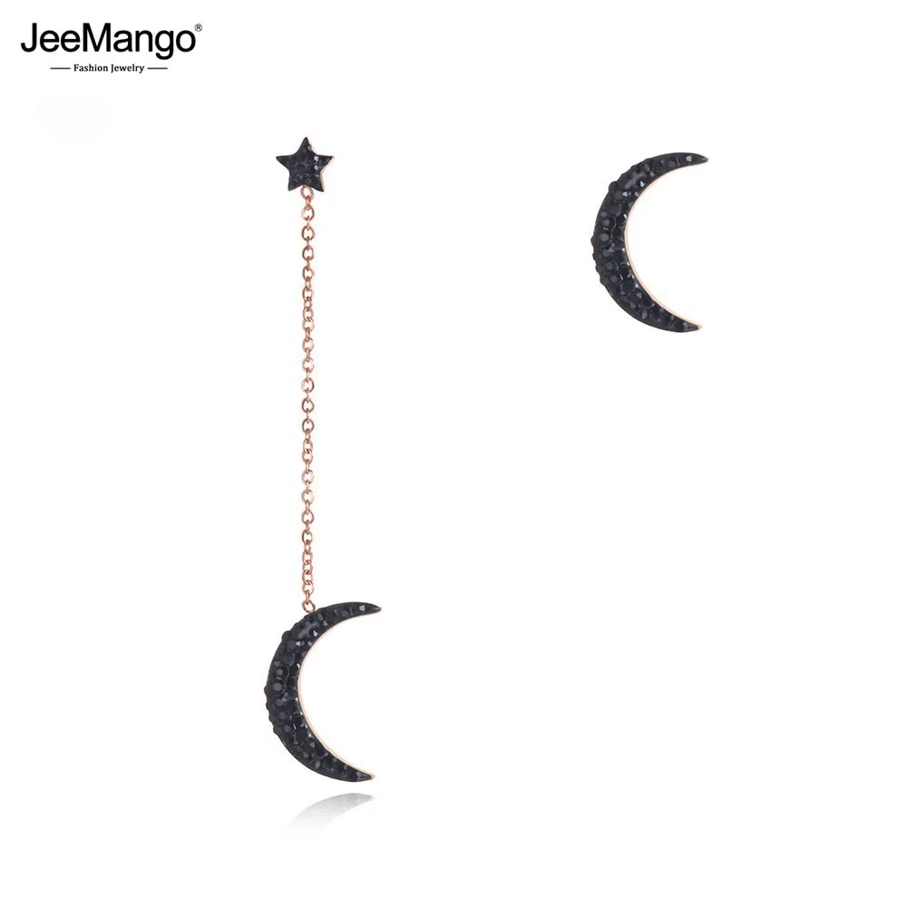 JeeMango, pendientes asimétricos de estrella y Luna de acero inoxidable a la moda, joyería Praty para oreja con diamantes de imitación de arcilla negra para mujer JE19167