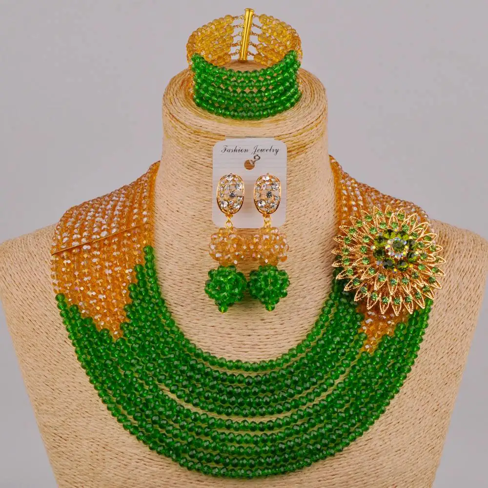 

Nigeria Wedding Gold ab Green Crystal Necklace Jewelry Birthday Engagement Banquet African Bride Bridesmaid Jewelry Set LS-92