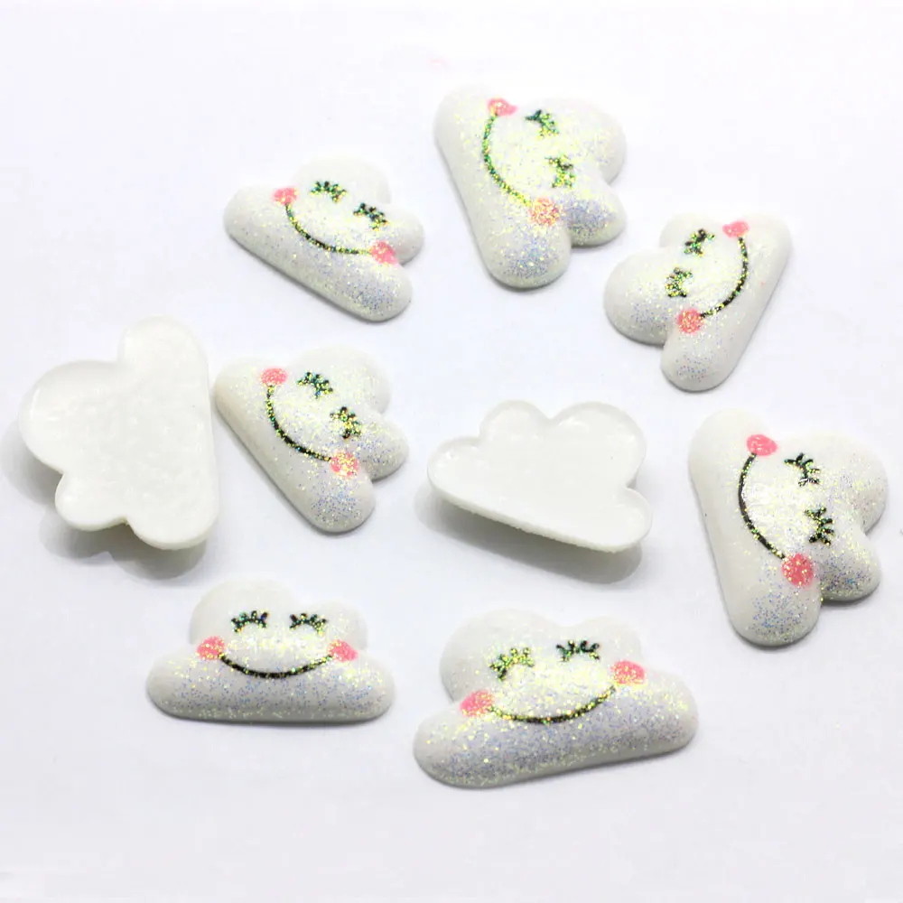 Two Size Glitter White Flat Back Resin Cabochon Cartoon Cloud With Smile Face DIY Flatback Embellishment Accessories Sc