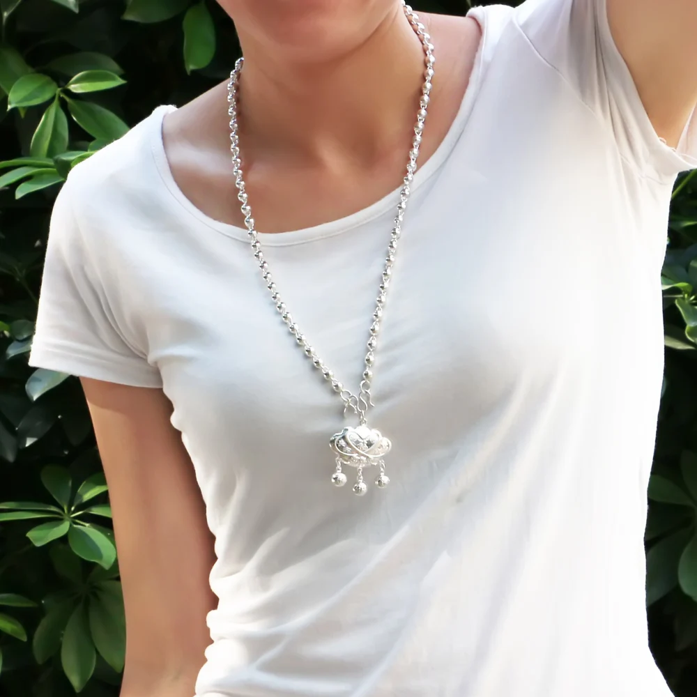 Fashion Vintage Lock Pendant 925 Sterling Silver Choker Necklace Woman Long Bead Chain Blossom with Beauty Charm Jewelry Gift